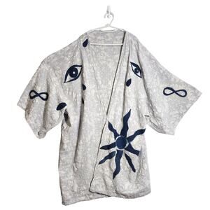 “Eyes of the Sky” — Upcycled Brocade Kimono with Denim Appliqués